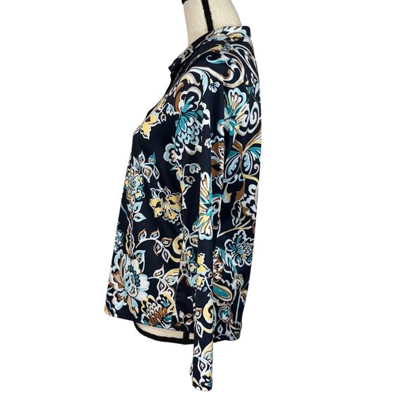 Chico’s SZ 0 (Small) Top Floral Long Sleeve 1/4 Snap Collared Stretch Blue Multi - Picture 5 of 7